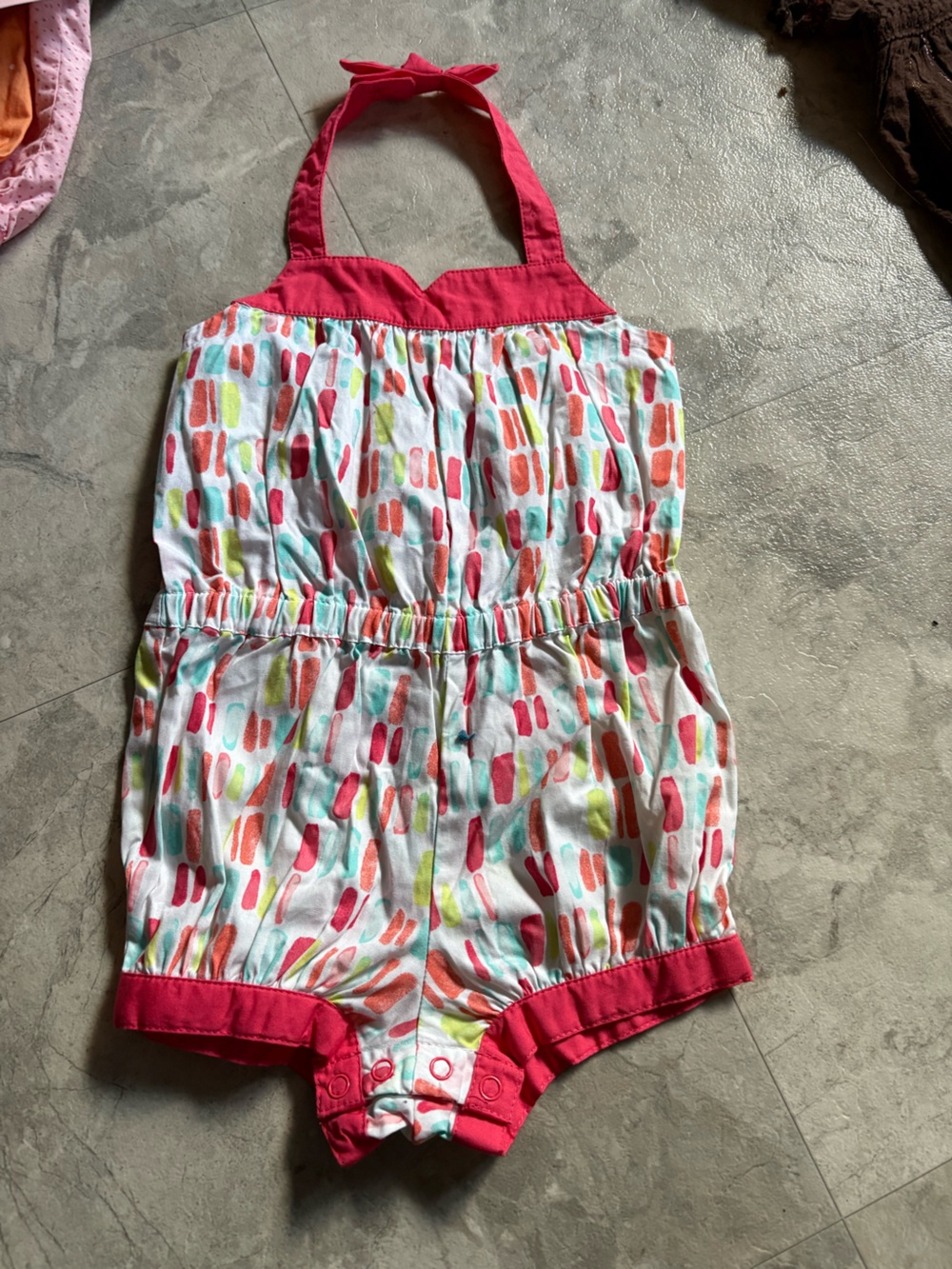 Colorful Watercolor Dot Romper - Pink Trim